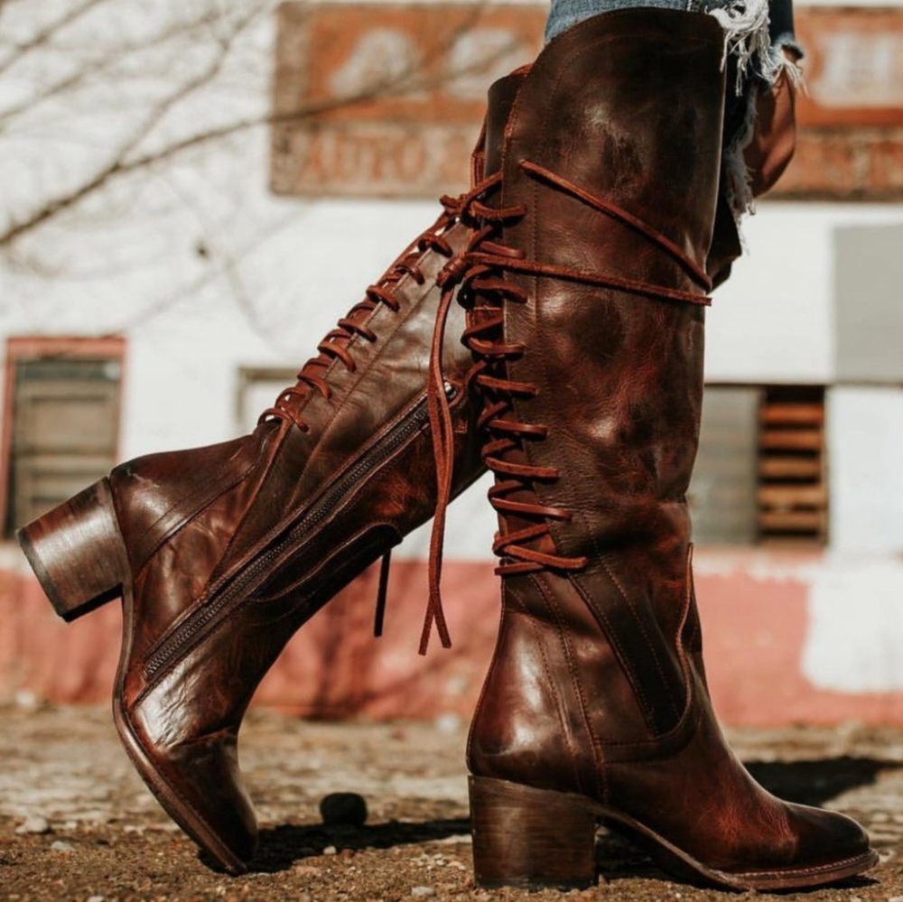 FreeBird By Steven COSMO Cognac Distressed Leather Back Lace Up Corset Boots 9 - Picture 13 of 13